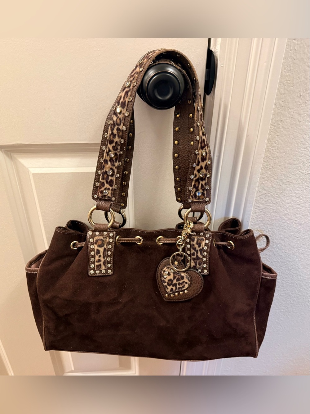 Kathy Van Zeeland Brown Suede Shoulder Bag with Leopard Accent